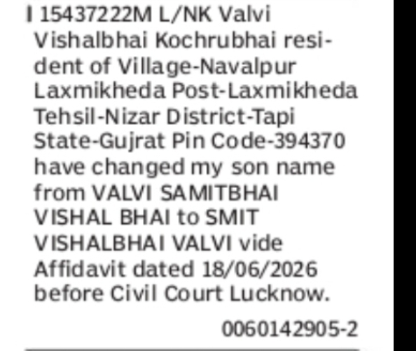 Minor Name Change Notice – Smit Vishalbhai Valvi