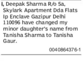 Minor Name Change Notice – Tanisha Sharma to Tanisha Gaur