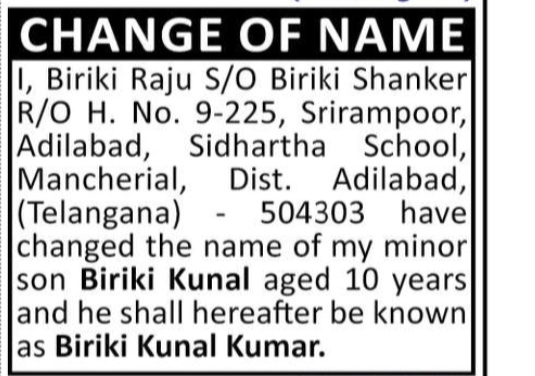 Minor Name Change Notification – Biriki Kunal Kumar