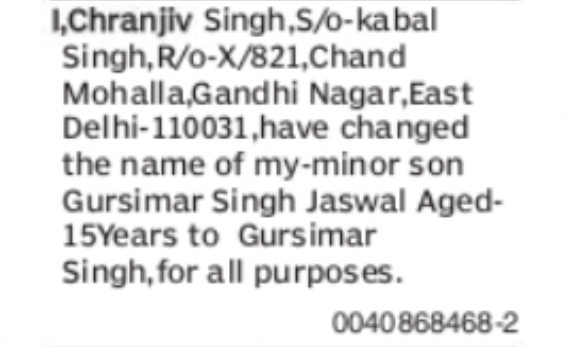 Minor Son Name Change – Gursimar Singh Jaswal to Gursimar Singh