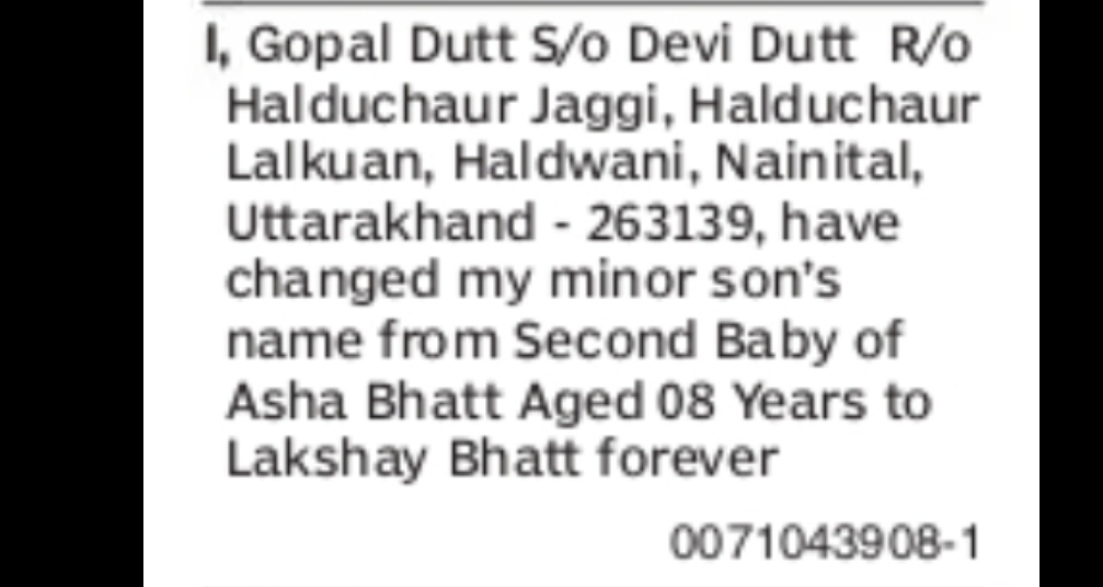 Minor Son Name Change – Lakshay Bhatt