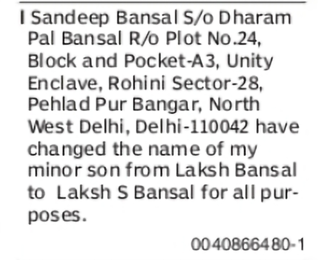 Minor Son Name Change Notice – Laksh Bansal to Laksh S Bansal