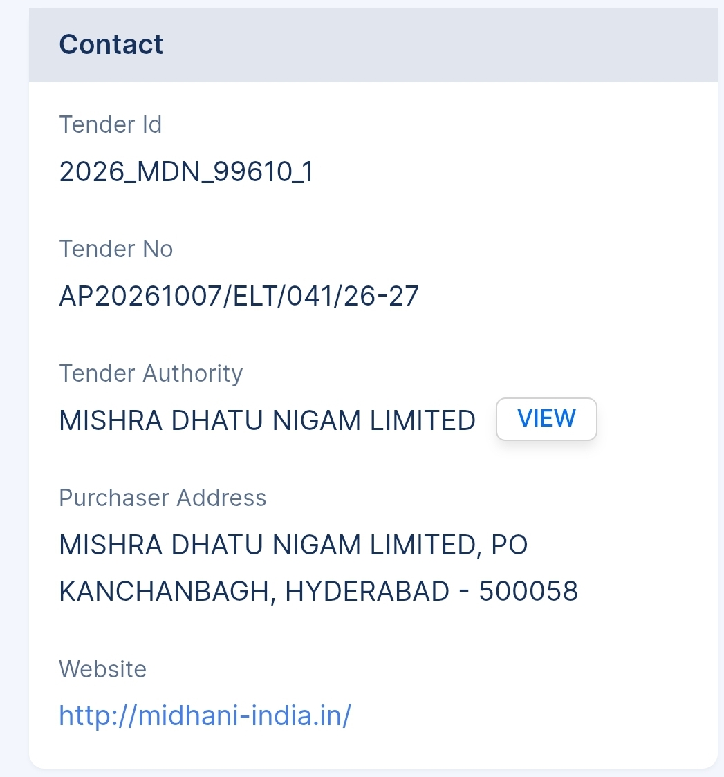 Mishra Dhatu Nigam Limited - MIDHANI Tender - Telangana Tender