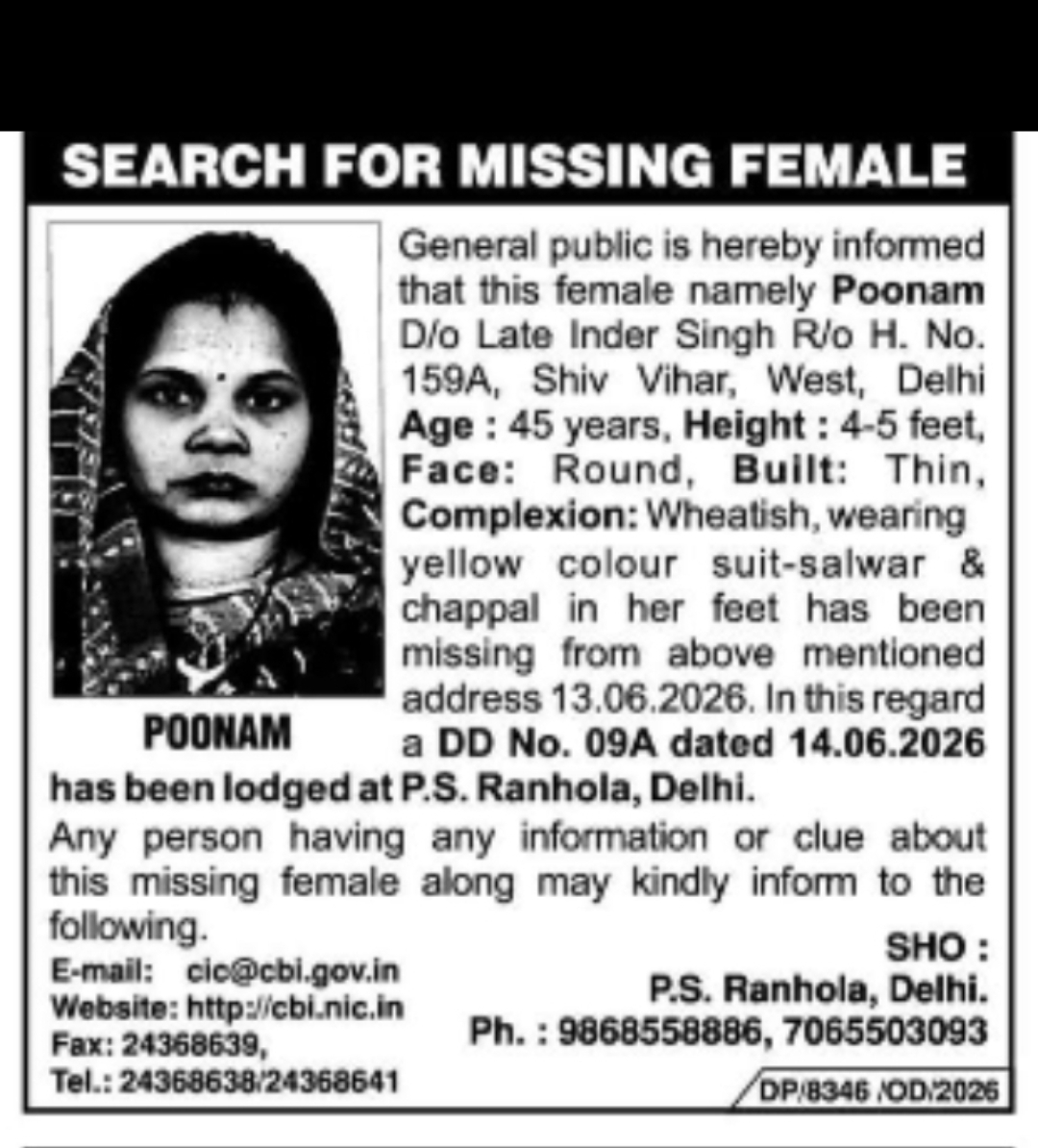 Missing Female – Poonam Reported Missing from Delhi