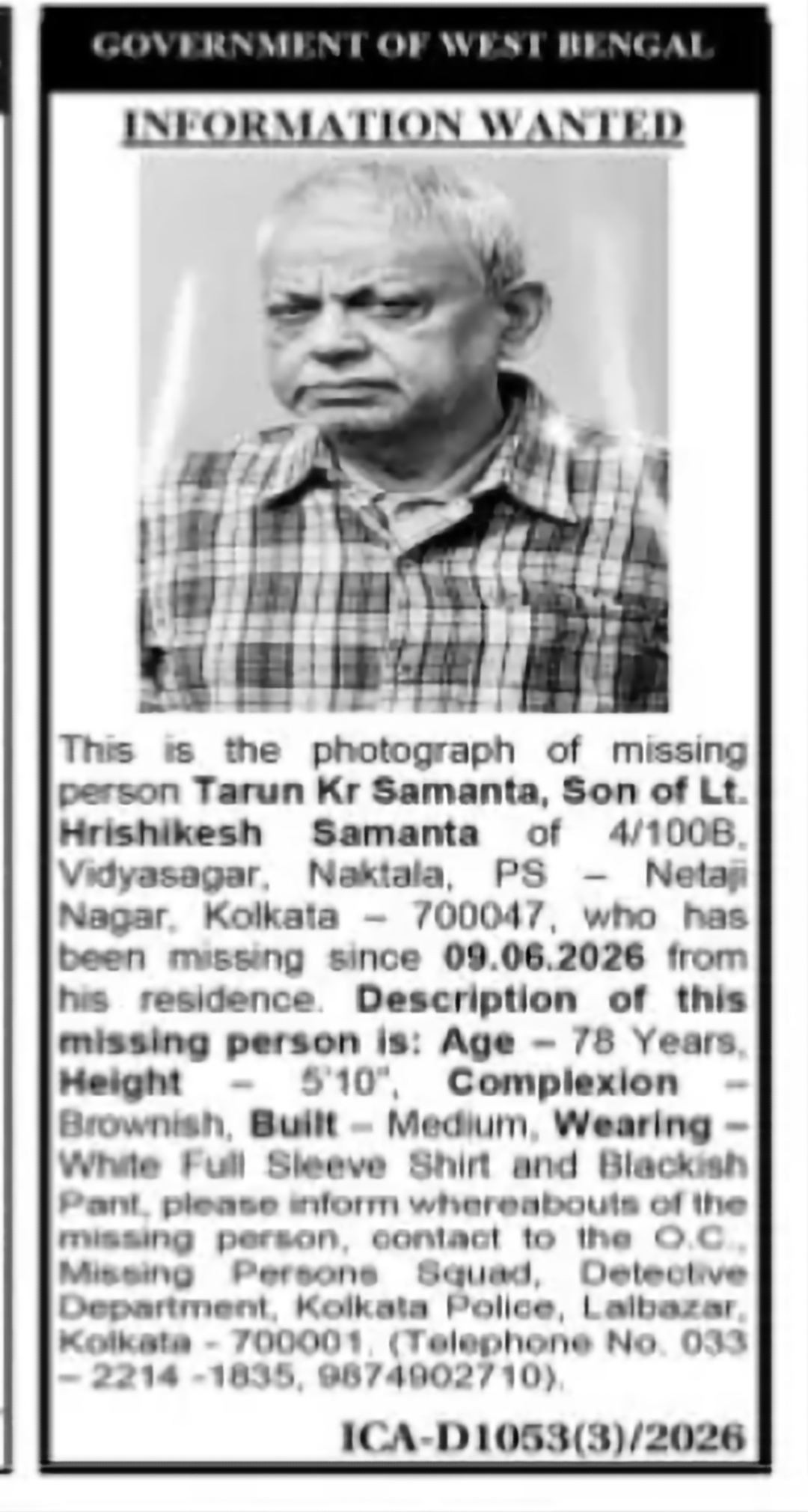 Missing Person Alert – Tarun Kr Samanta