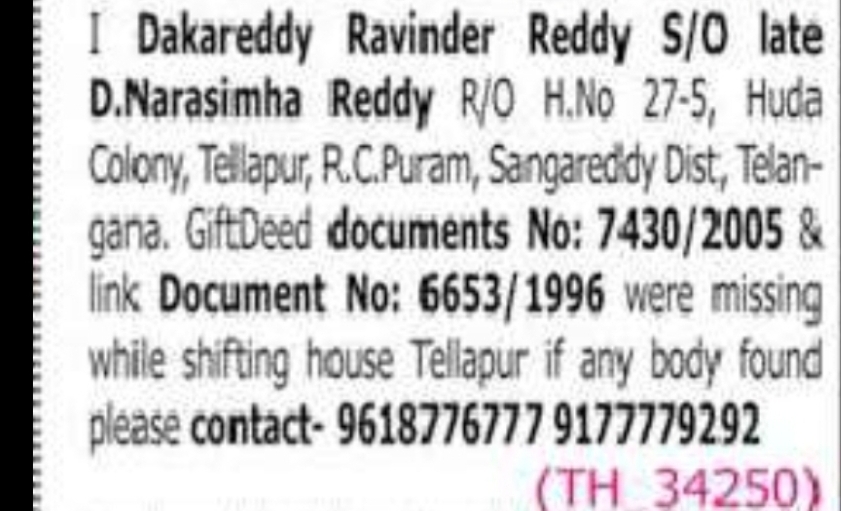 Missing Property Documents Notice – Tellapur
