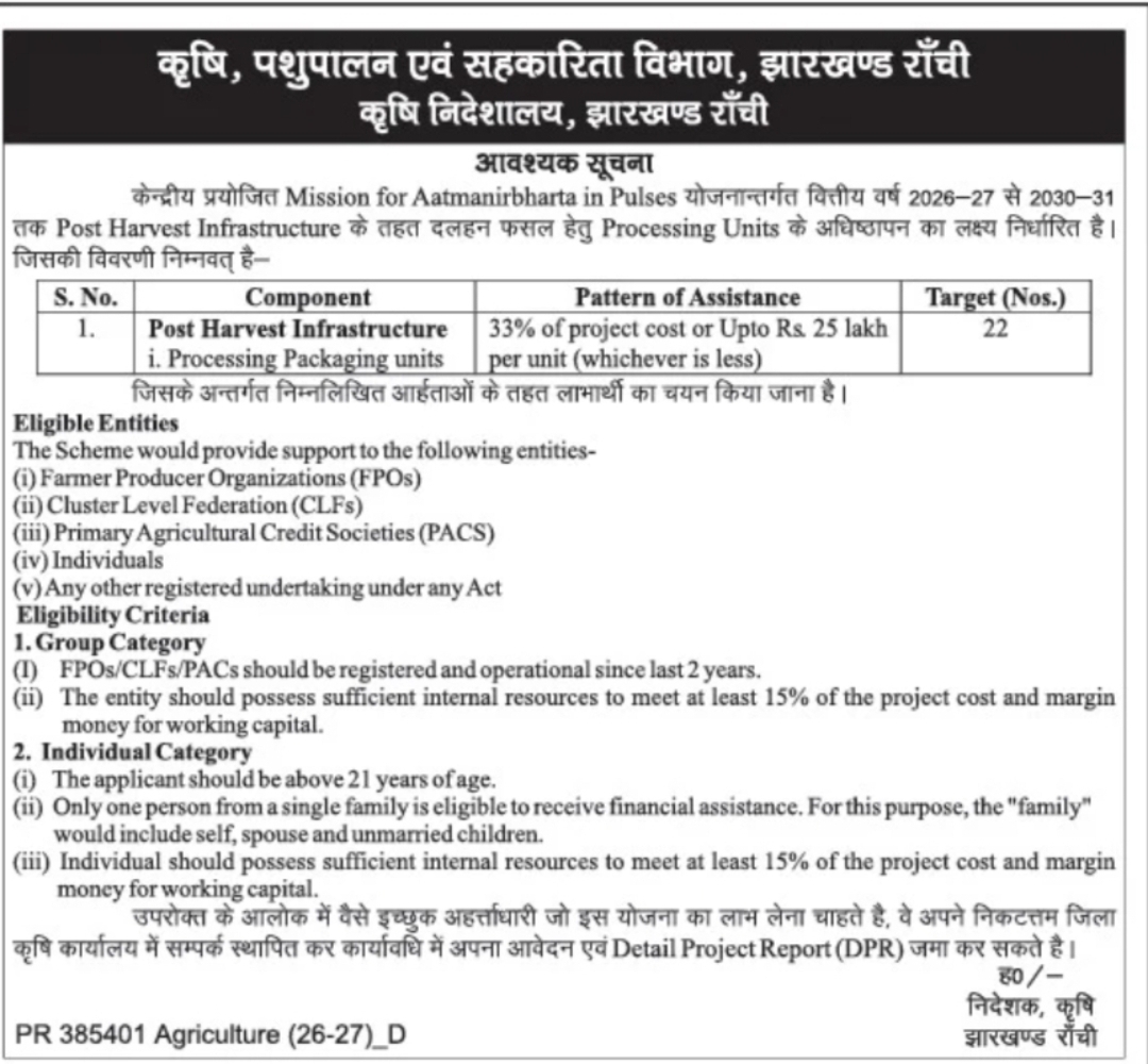 Mission for Aatmanirbharta in Pulses 2026-27 to 2030-31 – Financial Assistance for Post Harvest Infrastructure