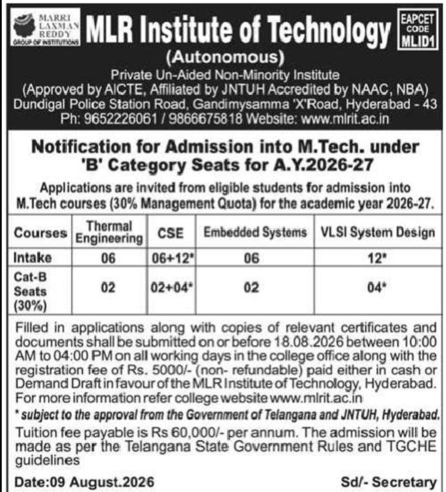 MLR Institute of Technology: M.Tech Category-B Admissions 2026-27
