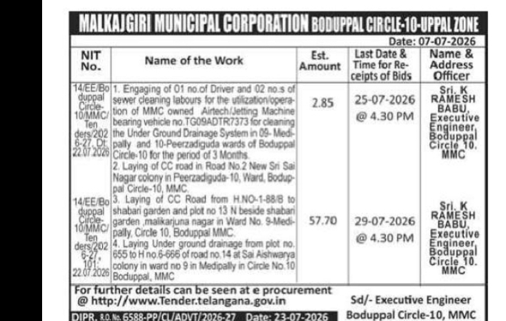 MMC Boduppal Circle-10 Invites E-Tenders for Sewer Cleaning and CC Road Works