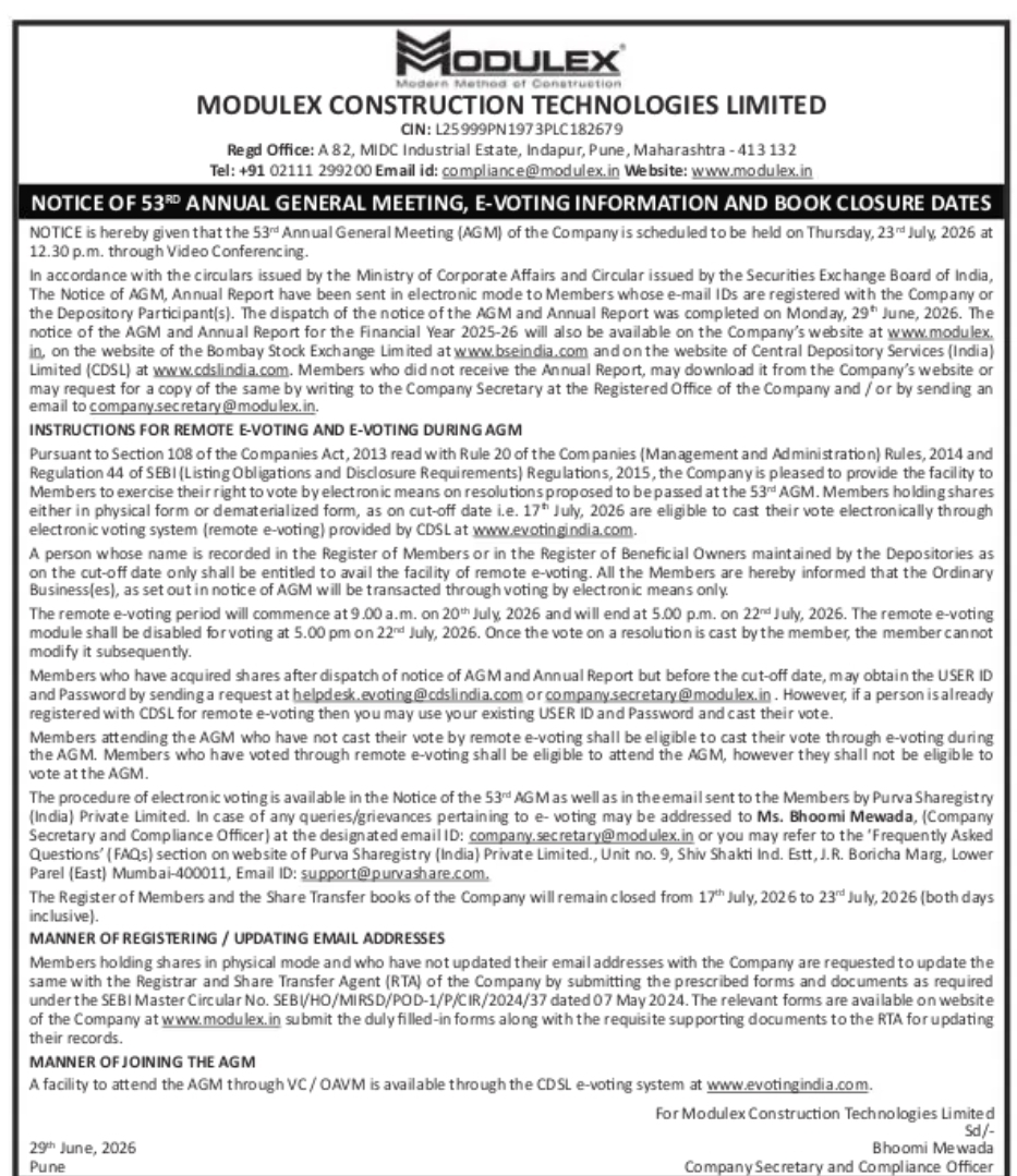 MODULEX CONSTRUCTION TECHNOLOGIES LIMITED – 53rd AGM, E-Voting & Book Closure Notice
