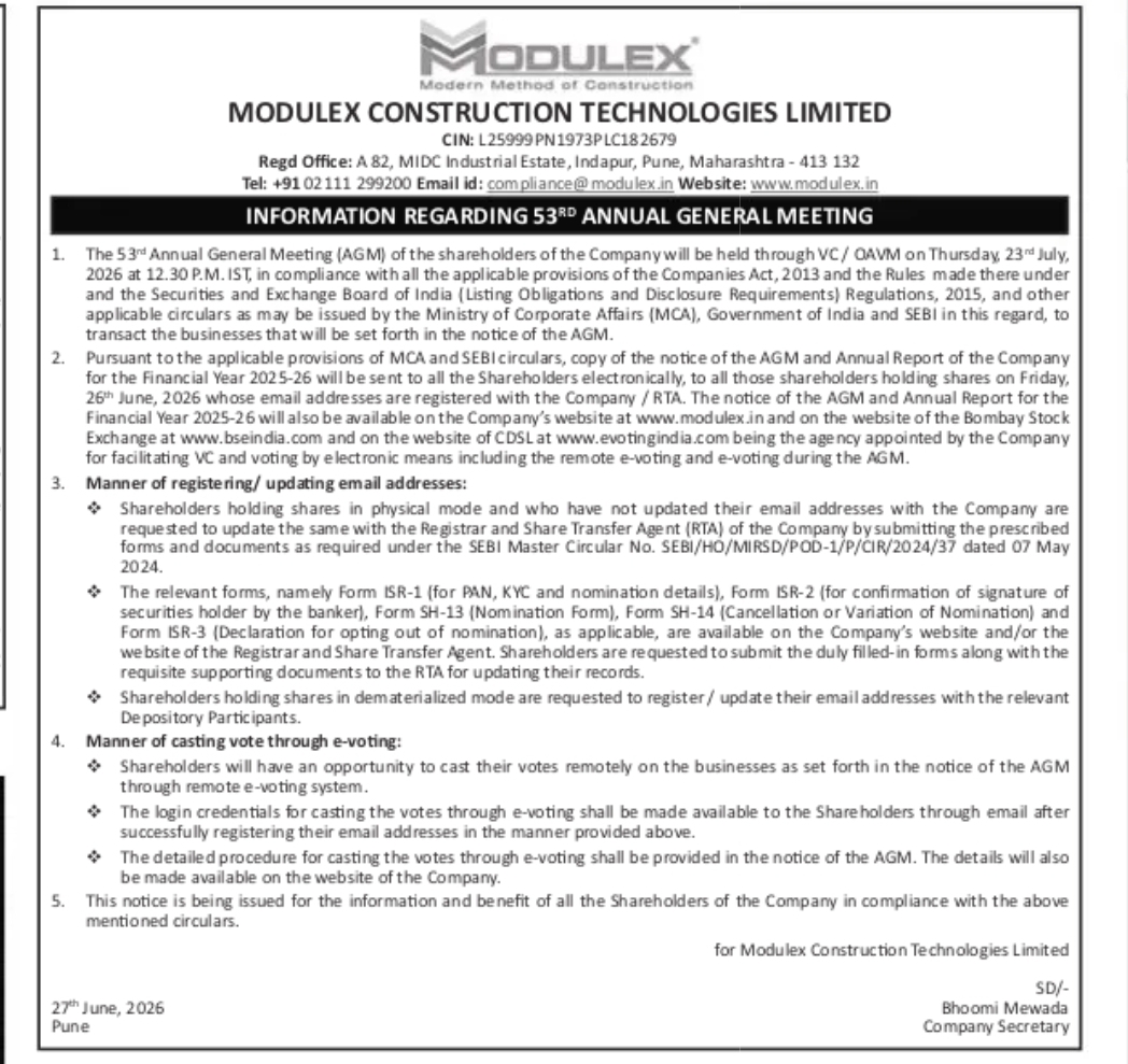 Modulex Construction Technologies Limited – 53rd AGM Notice