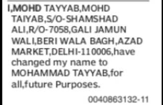 Mohammad Tayyab Name Change Notice