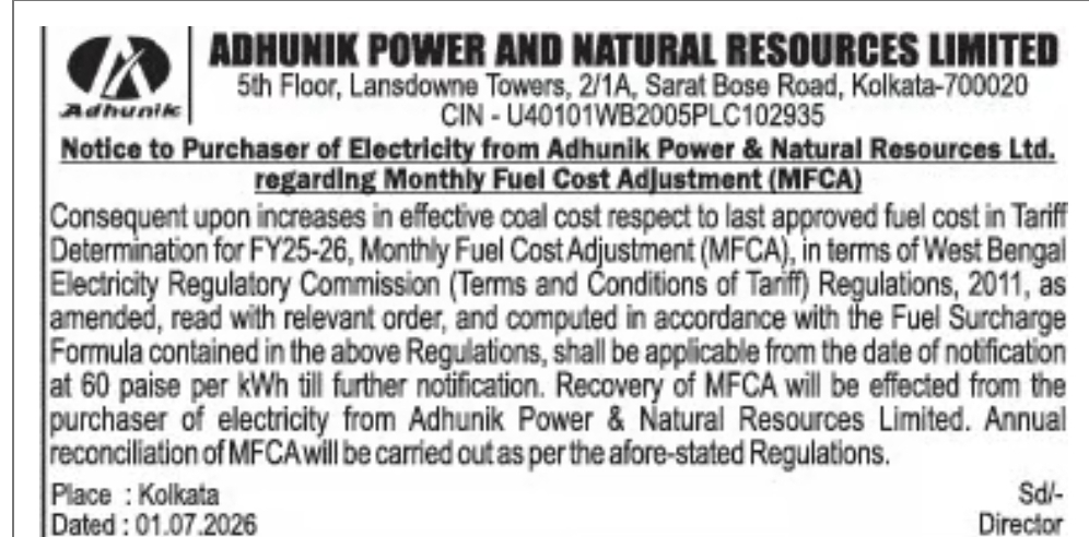 Monthly Fuel Cost Adjustment (MFCA) Notice – Adhunik Power and Natural Resources Limited