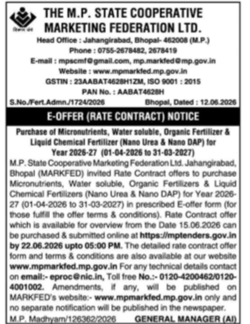 M.P. MARKFED E-Offer Notice for Rate Contract of Fertilizers (2026–27)