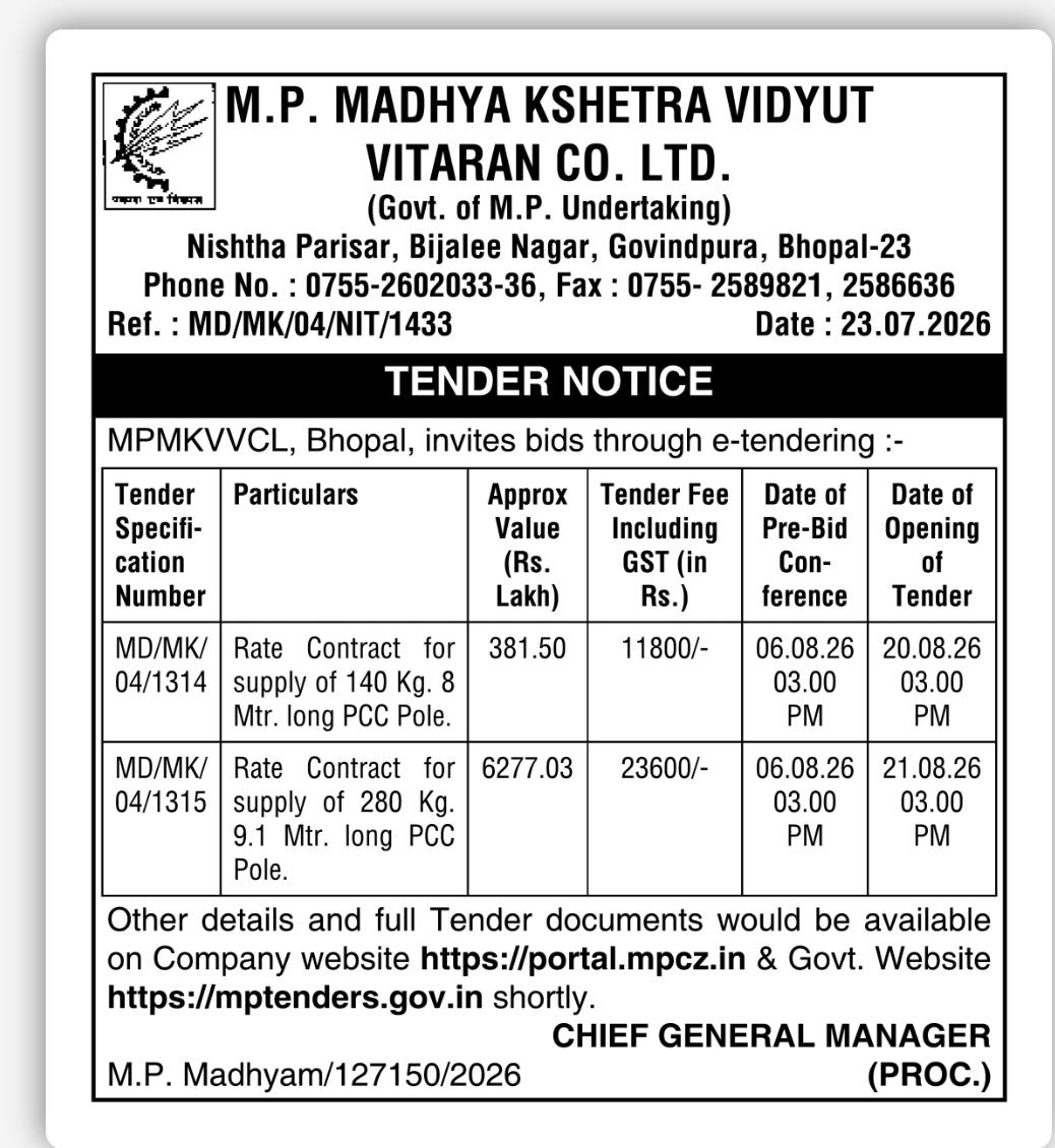 MPMKVVCL Bhopal Tender Notice – Rate Contract for Supply of PCC Poles