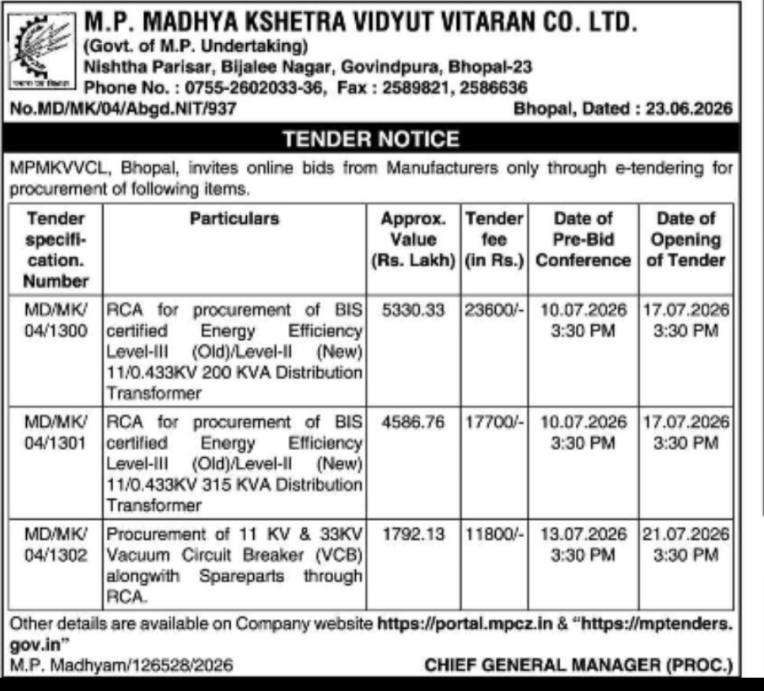 MPMKVVCL Invites E-Tenders for Procurement of Distribution Transformers and Vacuum Circuit Breakers