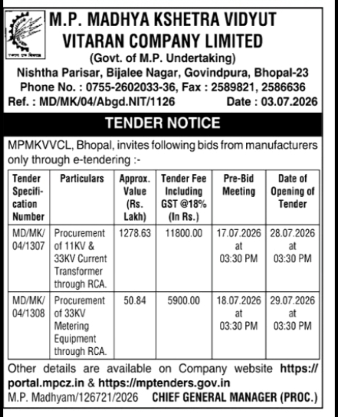 MPMKVVCL – Procurement of 11KV & 33KV Electrical Equipment through RCA