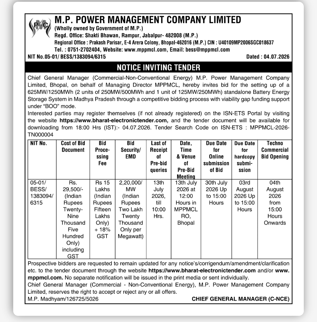 MPPMCL Invites Bids for 625 MW / 1250 MWh Battery Energy Storage System (BESS) Project in Madhya Pradesh
