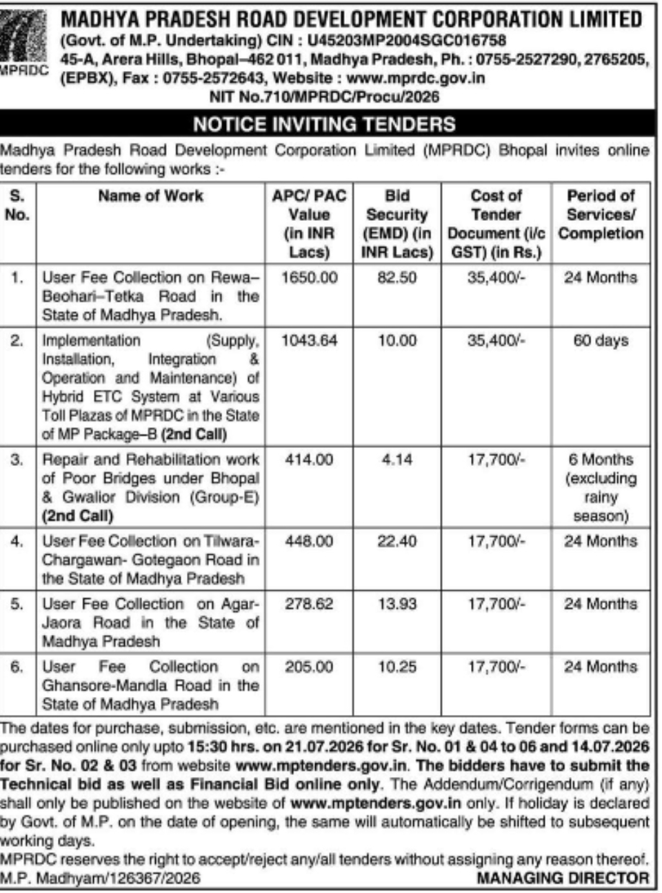 MPRDC NIT 710/2026: User Fee Collection, Hybrid ETC System & Bridge Repair Works in Madhya Pradesh