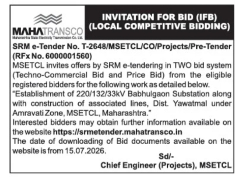 MSETCL Tender – 220/132/33kV Babhulgaon Substation Project, Yavatmal