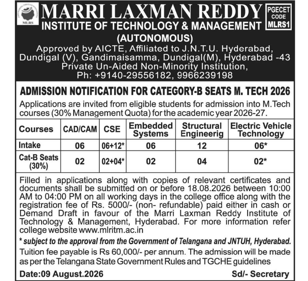 M.Tech 2026 Category-B Admissions – Marri Laxman Reddy Institute of Technology & Management