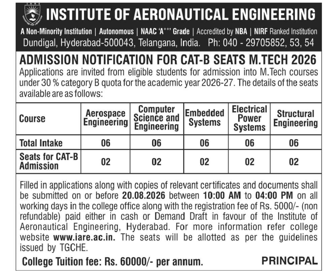 M.Tech Admissions 2026-27 – Category-B Seats | Institute of Aeronautical Engineering