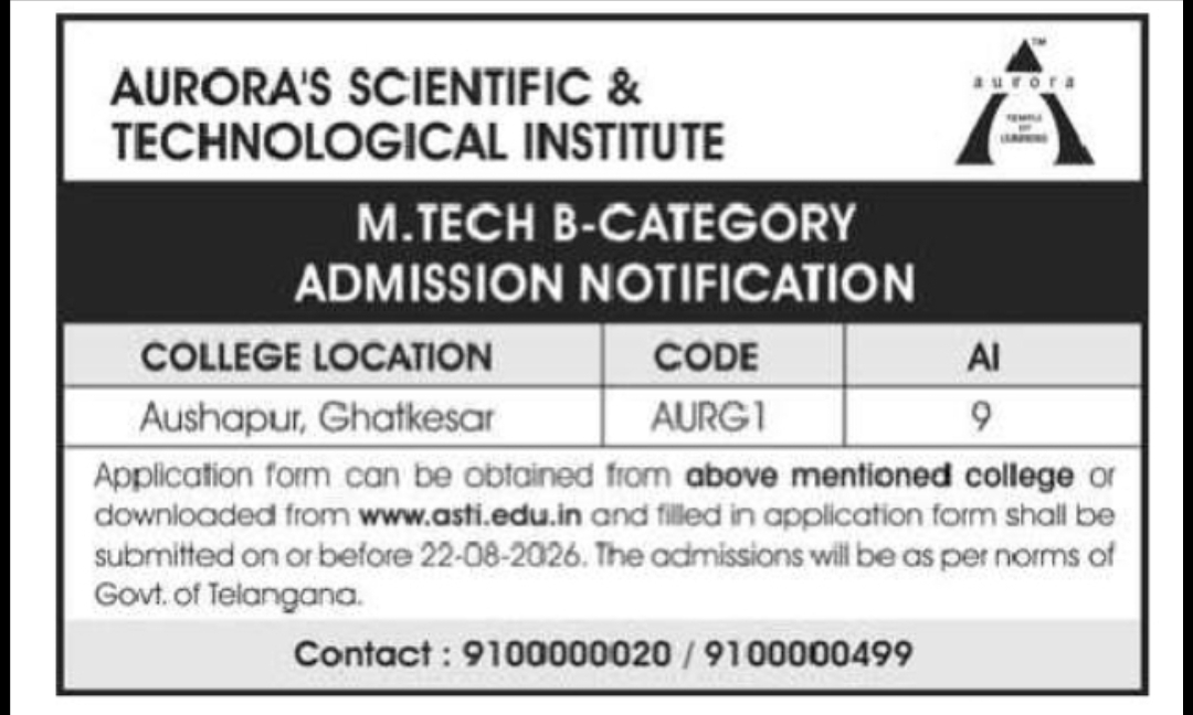M.Tech B-Category Admissions – Aurora’s Scientific & Technological Institute