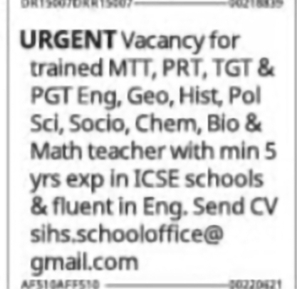 MTT, PRT, TGT & PGT Teachers – ICSE School