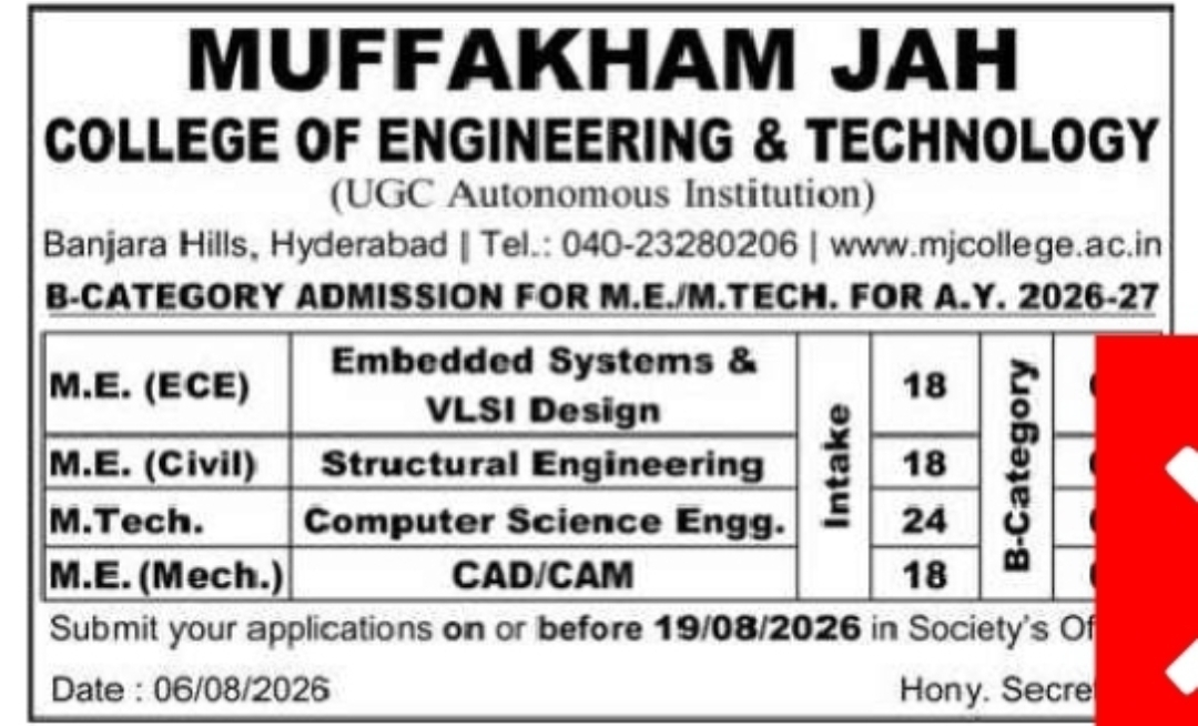 Muffakham Jah College of Engineering & Technology – M.E./M.Tech B-Category Admissions 2026-27