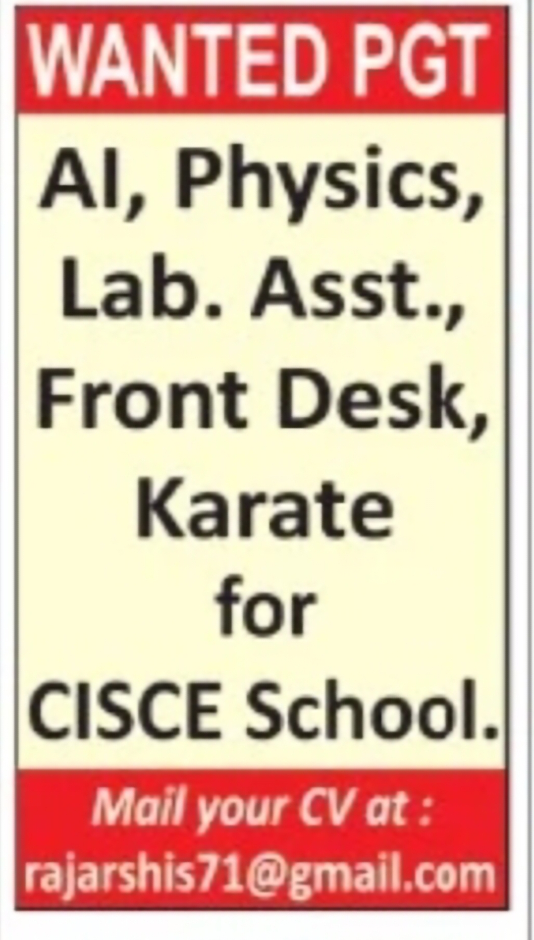 Multiple School Vacancies – CISCE School
