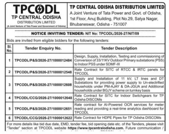 Multiple Tenders for Electrical Infrastructure, Switchgears, AI Meter Reading Services and HDPE Pipes