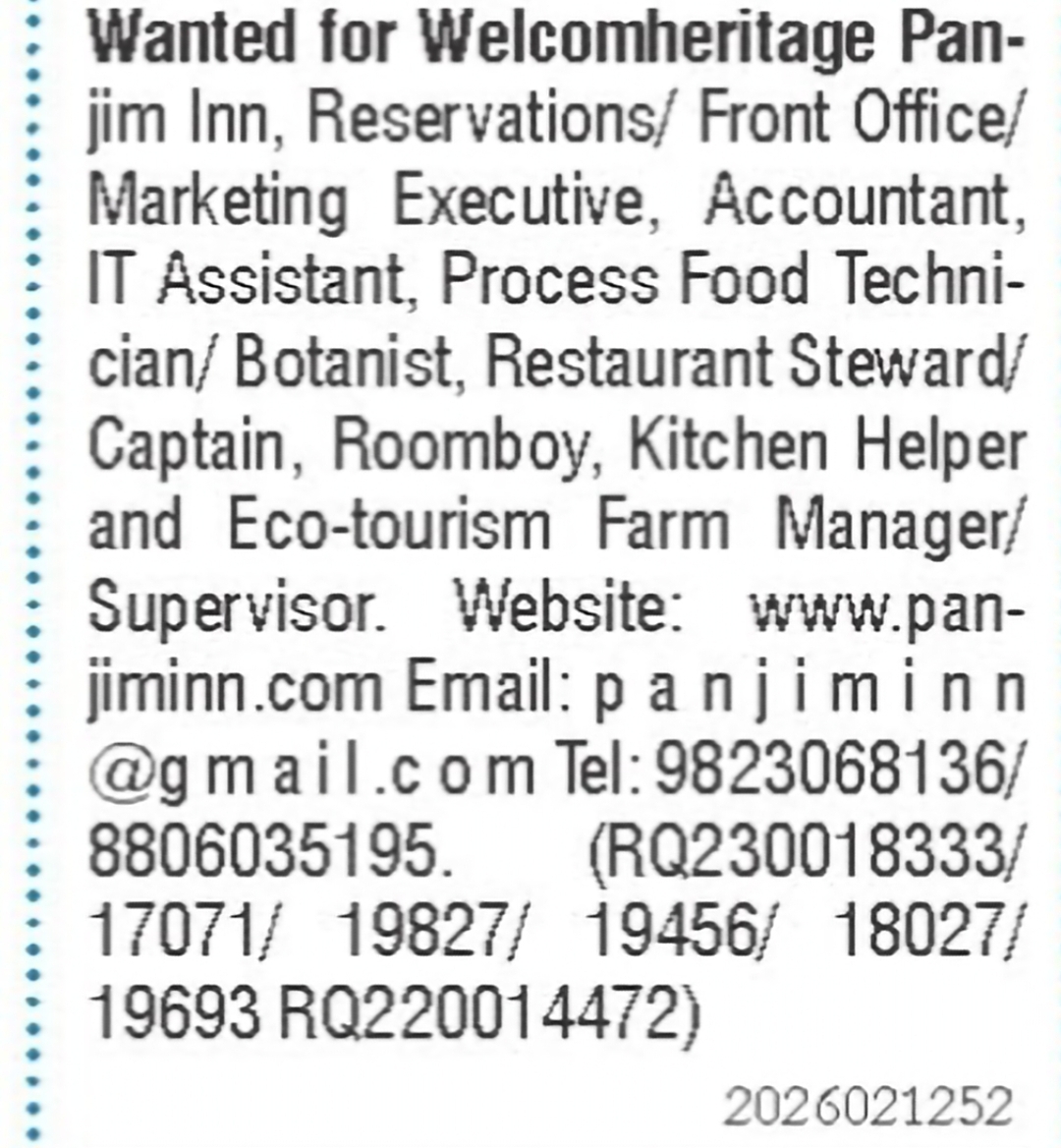 Multiple Vacancies at WelcomHeritage Panjim Inn