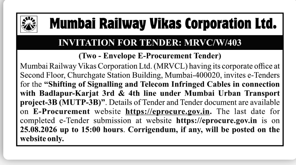 Mumbai Railway Vikas Corporation Ltd. (MRVC) Tender Notice – Signalling & Telecom Cable Shifting Work