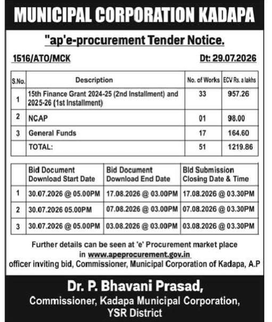 Municipal Corporation Kadapa e-Procurement Tender Notice – 51 Works Invited