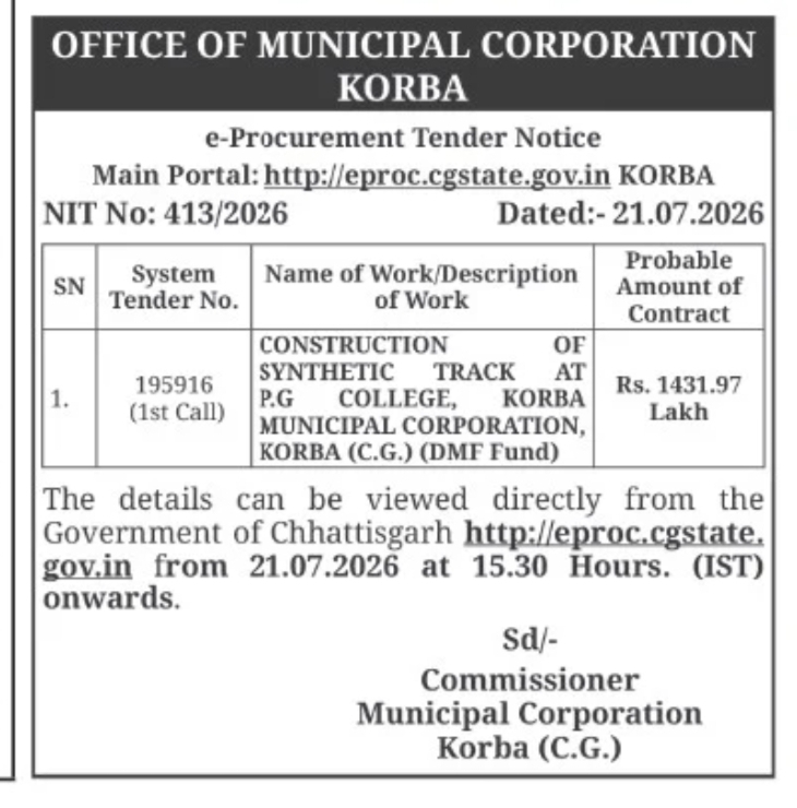 Municipal Corporation Korba Invites E-Tender for Construction of Synthetic Track at P.G. College