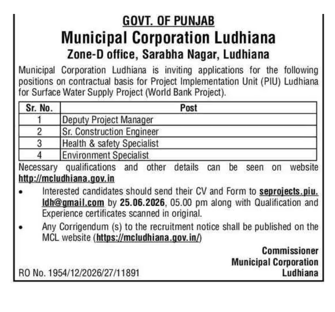 Municipal Corporation Ludhiana Recruitment 2026 – Contractual Positions