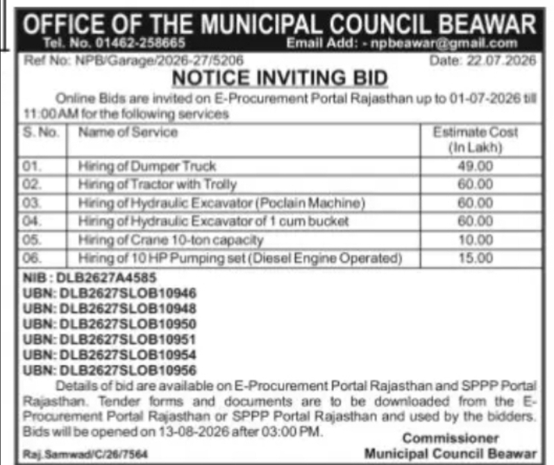 Municipal Council Beawar Tender – Hiring of Vehicles and Equipment Services