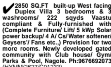 Nagole – Fully Furnished Duplex Villa for Sale