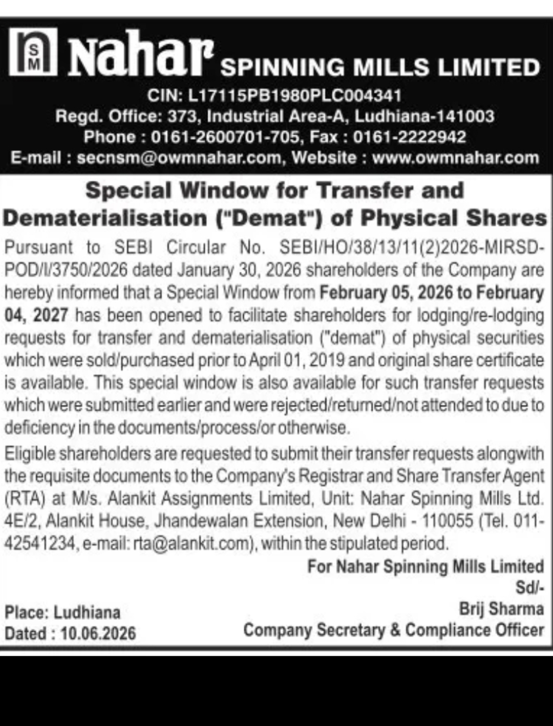 Nahar Spinning Mills Ltd. – Special Window for Demat of Physical Shares Nahar Spinning Mills Limited
