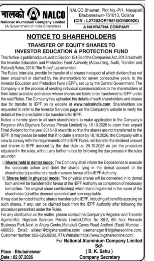 NALCO Shareholders Notice – Claim Dividend Before Transfer to IEPF