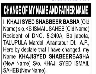 Name and Father's Name Change: Khaji Syed Shabbeer Basha
