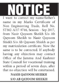 Name and Father's Name Correction Notice – Nasir Qayoom Shiekh