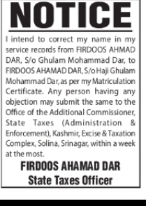 Name and Parentage Correction Notice – Firdoos Ahamad Dar