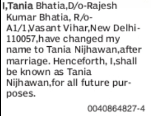Name Change After Marriage – Tania Bhatia to Tania Nijhawan