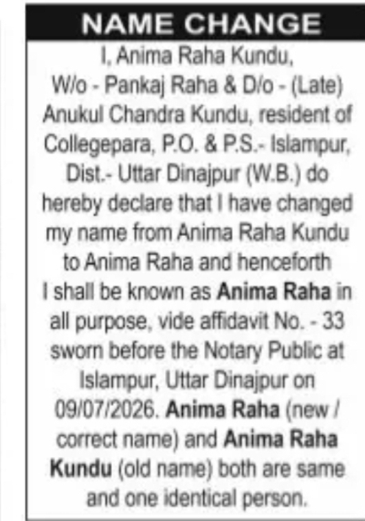 Name Change – Anima Raha Kundu to Anima Raha
