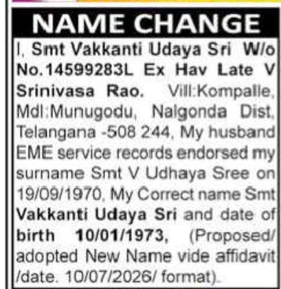 Name Change Announcement – Vakkanti Udaya Sri