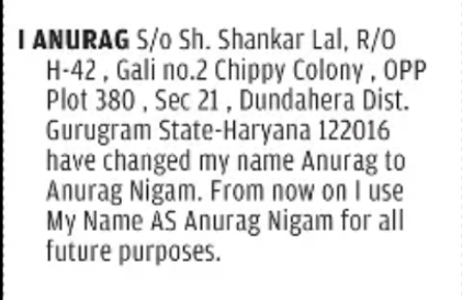 Name Change Declaration – Anurag Nigam