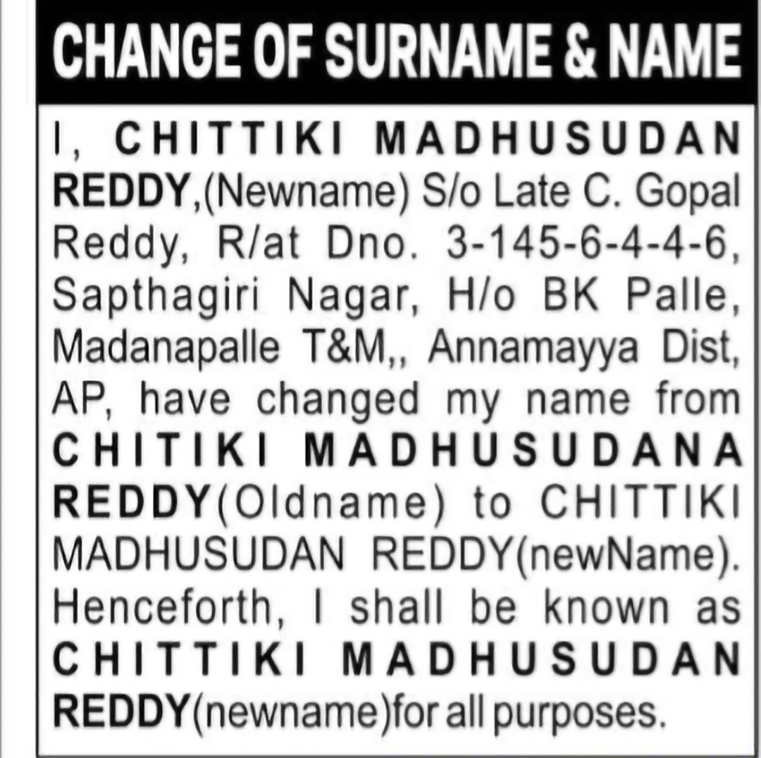 Name Change Declaration – Chittiki Madhusudan Reddy