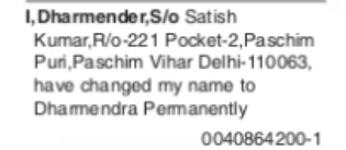 Name Change Declaration – Dhamendra Pemanently