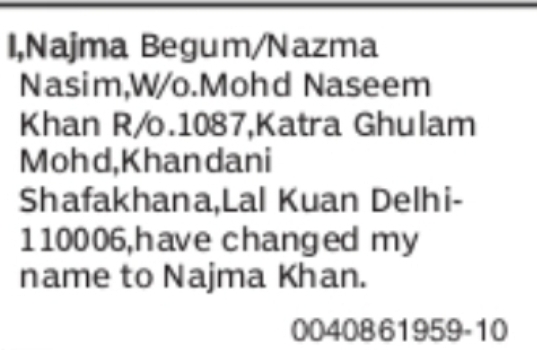 Name Change Declaration – Najma Begum / Nazma Nasim to Najma Khan
